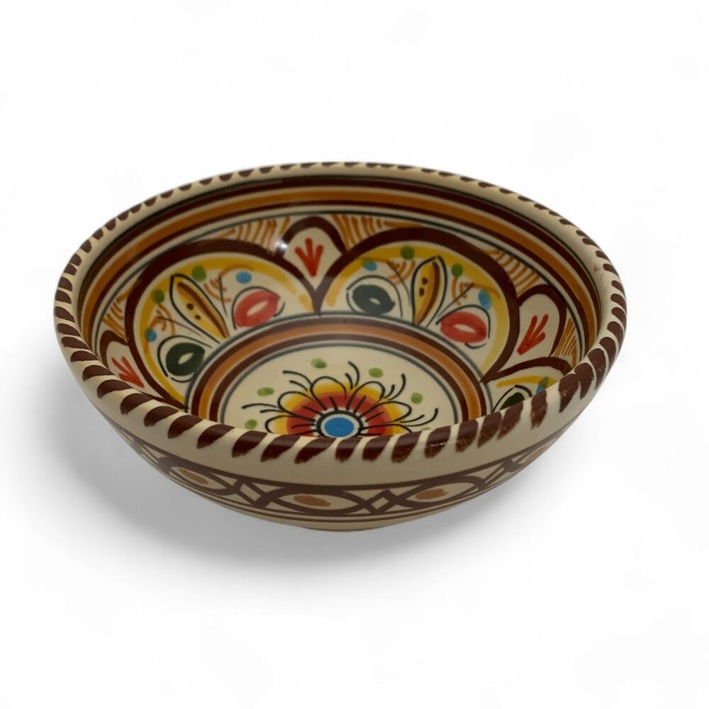 De La Cal Puente Spanish Talavera Pottery Bowl Brown Red 5.5" Diameter